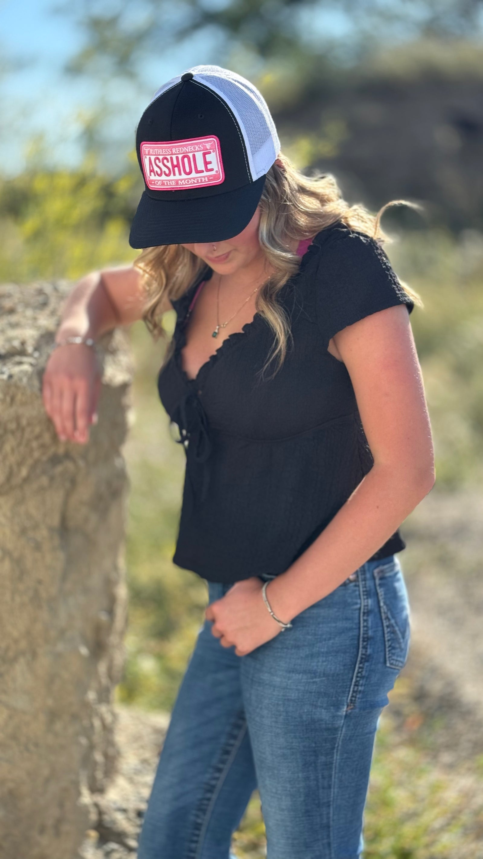 Brake Check Curved Brim Hat Black-White-Pink